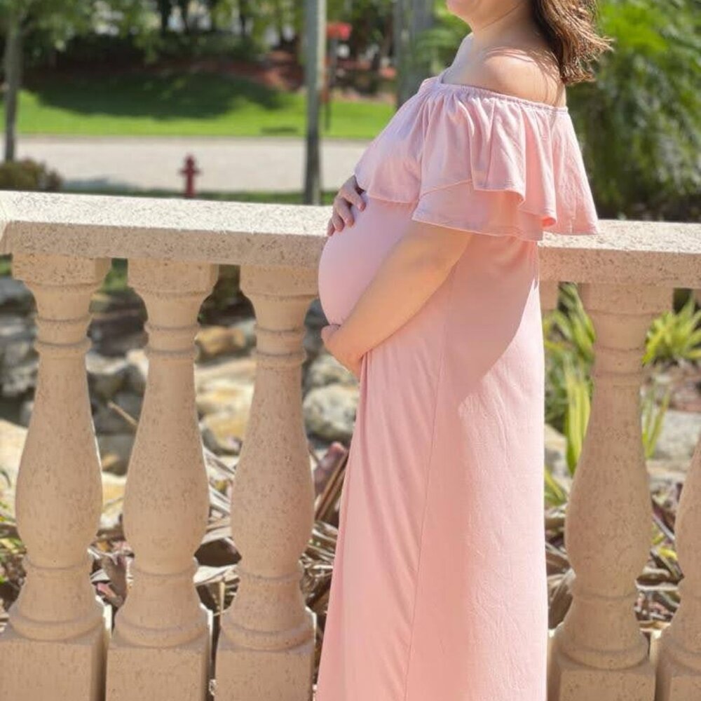 PinkBlush Light Pink Off Shoulder Ruffle Trim Maternity Maxi Dress